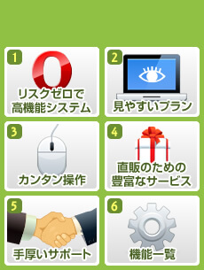 リスクゼロで高機能システム、見やすいプラン、カンタン操作、直販のための豊富なサービス、手厚いサポート、機能一覧